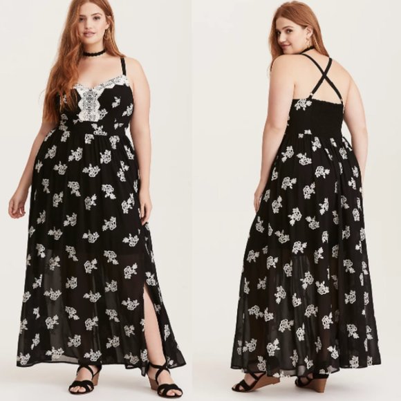 torrid Dresses & Skirts - Torrid | Black and White Embroidered Chiffon Maxi Dress | Size: 00, Womens 10